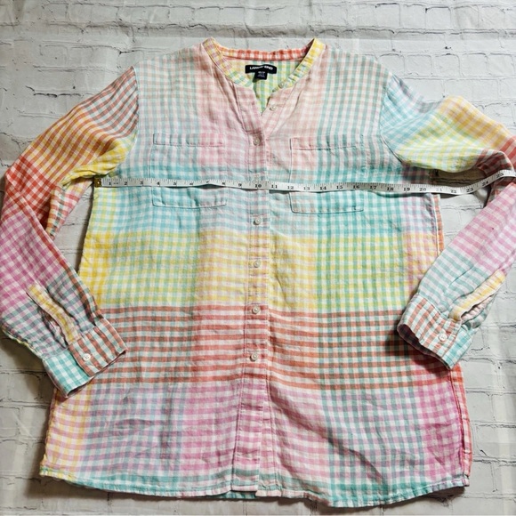 Lands End Women’s Petite M Pastel Patchwork Gingham Plaid Linen Rainbow Top - Picture 6 of 11